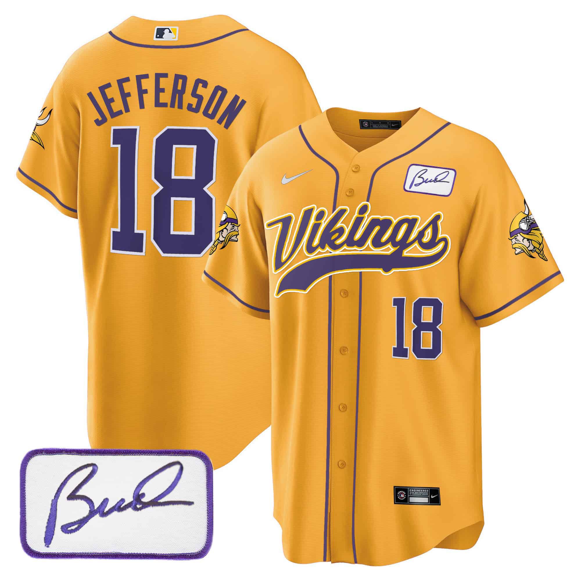Men Minnesota Vikings 18 Jefferson Yellow 2024 Nike Bud Grant Patch Classic Baseball NFL Jersey
